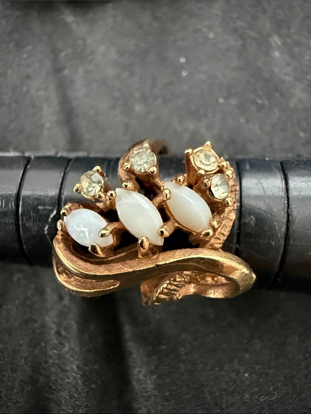 18k Vintage-Inspired Gold Floral Cluster Ring with White Marquise Stones